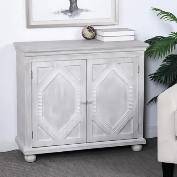 Cabinets & Sideboards-Kirkland's Home Whitewashed Gray Wood Hexagonal Door Cabinet White/Gray