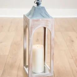 Lanterns-Kirkland's Home Whitewashed New Hampshire Lantern, 24 In. White/Gray
