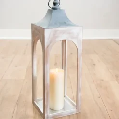 Lanterns-Kirkland's Home Whitewashed New Hampshire Lantern, 30 In. White/Gray