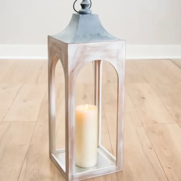 Lanterns-Kirkland's Home Whitewashed New Hampshire Lantern, 30 In. White/Gray