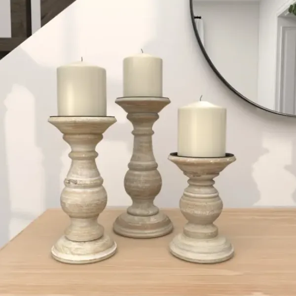 Candle Holders-Kirkland's Home Whitewashed Rustic 3-Pc. Candle Holder Set White/Tan