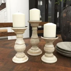 Candle Holders-Kirkland's Home Whitewashed Rustic 3-Pc. Candle Holder Set White/Tan