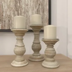 Candle Holders-Kirkland's Home Whitewashed Rustic 3-Pc. Candle Holder Set White/Tan