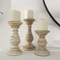 Candle Holders-Kirkland's Home Whitewashed Rustic 3-Pc. Candle Holder Set White/Tan