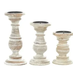 Candle Holders-Kirkland's Home Whitewashed Rustic 3-Pc. Candle Holder Set White/Tan