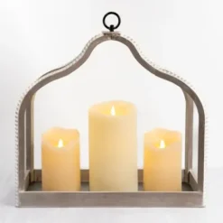 Lanterns-Kirkland's Home Whitewashed Wood Beaded Open Lantern White/Gray