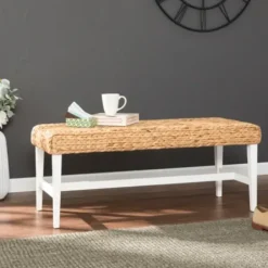 Benches & Ottomans-Kirkland's Home Wiley Woven Hyacinth Bench With White Base Tan/White