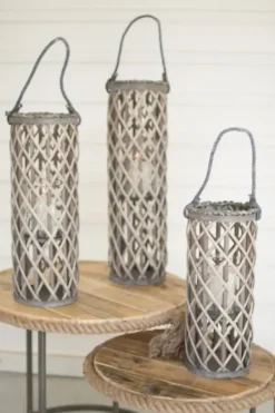 Lanterns-Kirkland's Home Willow Lanterns With Glass Pillars, Set Of 3 Gray