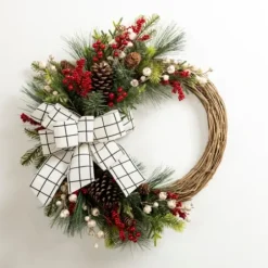 Wreaths-Kirkland's Home Windowpane Plaid Berry Bow Wreath Brown/Red/Green/White