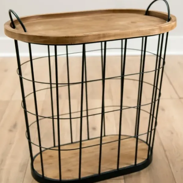 Accent & End Tables-Kirkland's Home Wire And Natural Wood Basket Side Table Black