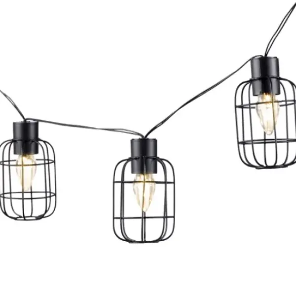 Outdoor Lighting-Kirkland's Home Wire Round Cage Solar Outdoor String Lights Black