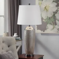 Table Lamps-Kirkland's Home Wire-Brushed Silver And Brown Column Table Lamp White