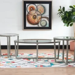 Coffee Tables-Kirkland's Home Wood & Glass Top 3-Pc. Table Set Gray