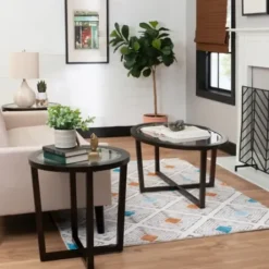 Coffee Tables-Kirkland's Home Wood & Glass Top 3-Pc. Table Set Brown