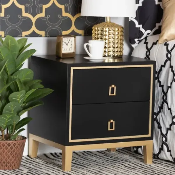 Nightstands-Kirkland's Home Wood & Gold Accent 2-Drawer Nightstand Black