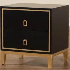 Nightstands-Kirkland's Home Wood & Gold Accent 2-Drawer Nightstand Black