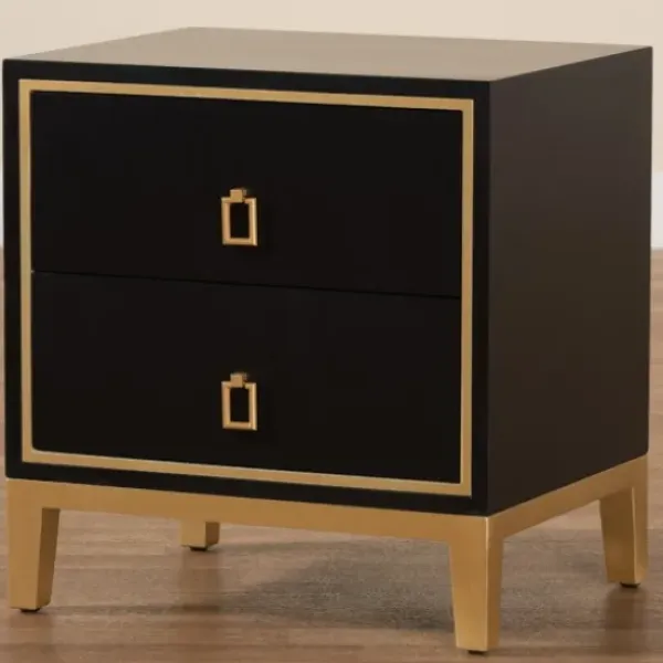 Nightstands-Kirkland's Home Wood & Gold Accent 2-Drawer Nightstand Black