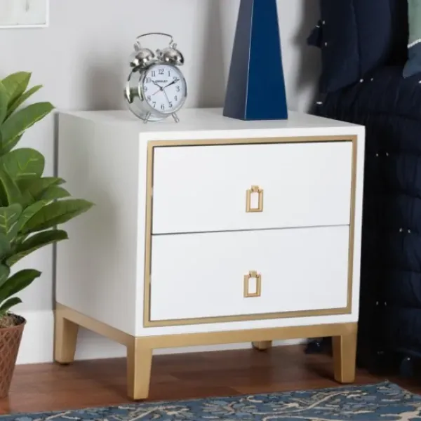 Nightstands-Kirkland's Home Wood & Gold Accent 2-Drawer Nightstand White