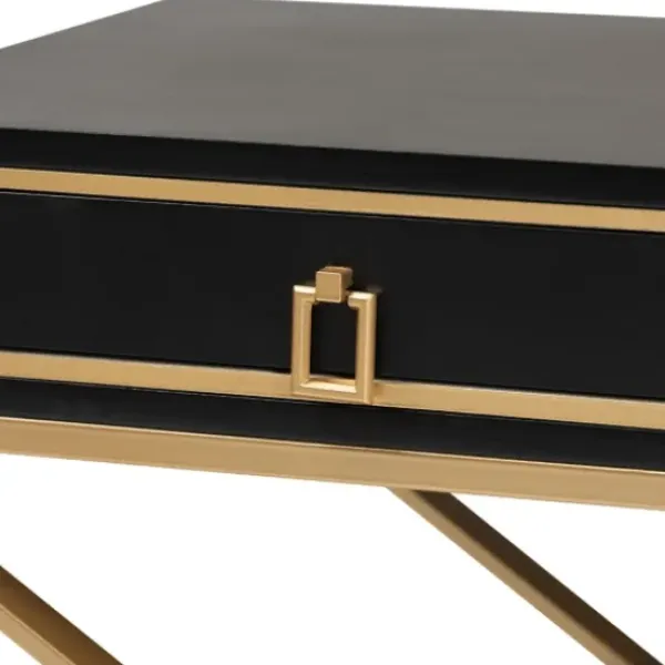 Nightstands-Kirkland's Home Wood & Gold X-Base Nightstand Black