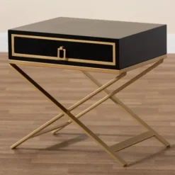 Nightstands-Kirkland's Home Wood & Gold X-Base Nightstand Black
