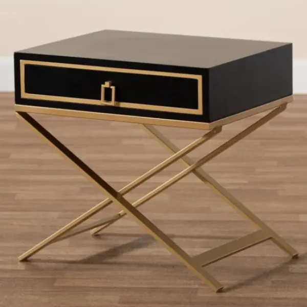 Nightstands-Kirkland's Home Wood & Gold X-Base Nightstand Black