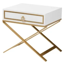 Nightstands-Kirkland's Home Wood & Gold X-Base Nightstand White