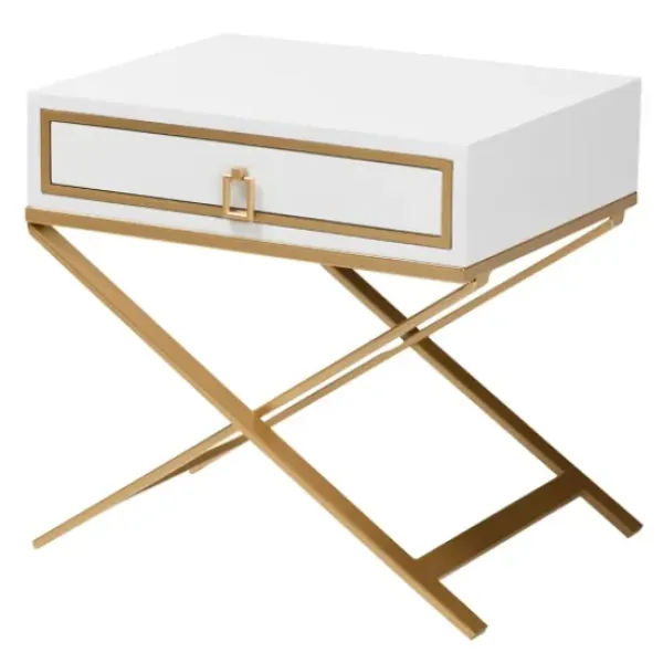 Nightstands-Kirkland's Home Wood & Gold X-Base Nightstand White