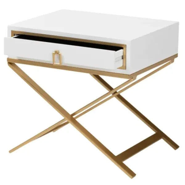 Nightstands-Kirkland's Home Wood & Gold X-Base Nightstand White