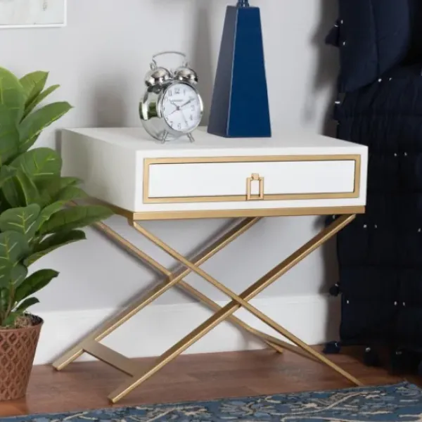 Nightstands-Kirkland's Home Wood & Gold X-Base Nightstand White