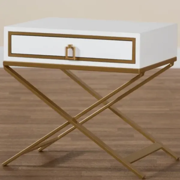 Nightstands-Kirkland's Home Wood & Gold X-Base Nightstand White