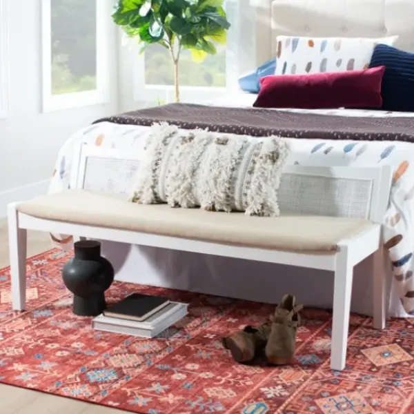 Benches & Ottomans-Kirkland's Home Wood And Cane Upholstered Bench White
