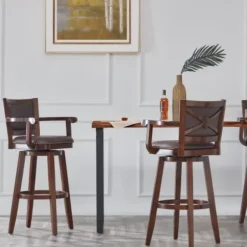 Bar Stools & Counter Height Stools-Kirkland's Home Wood And Faux Leather Swivel Bar Stool Brown