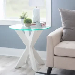 Accent & End Tables-Kirkland's Home Wood And Glass Top X-Base Accent Table White