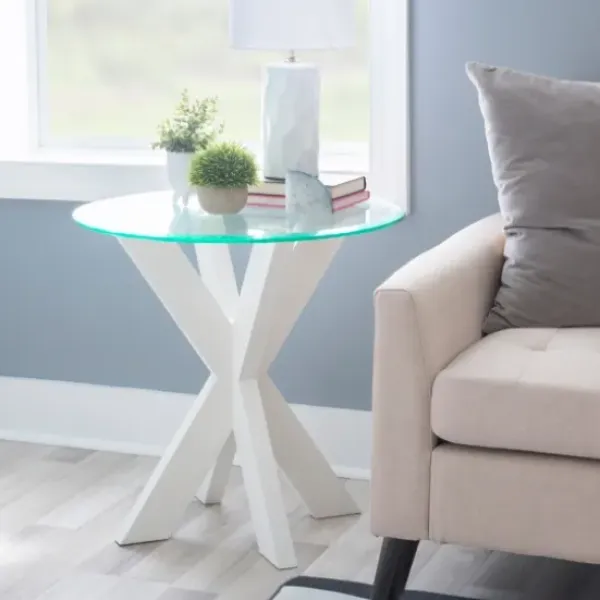 Accent & End Tables-Kirkland's Home Wood And Glass Top X-Base Accent Table White