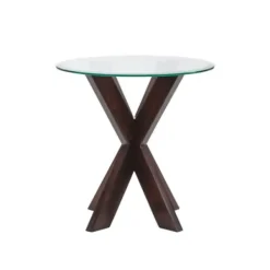 Accent & End Tables-Kirkland's Home Wood And Glass Top X-Base Accent Table Brown