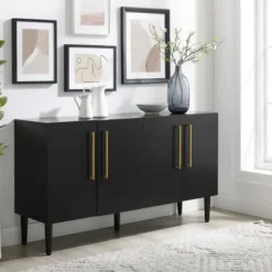 Cabinets & Sideboards-Kirkland's Home Wood And Gold 4-Door Cabinet Black