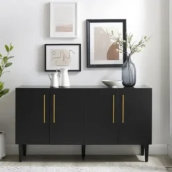 Cabinets & Sideboards-Kirkland's Home Wood And Gold 4-Door Cabinet Black