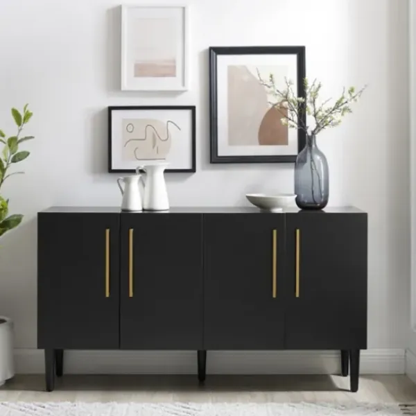 Cabinets & Sideboards-Kirkland's Home Wood And Gold 4-Door Cabinet Black