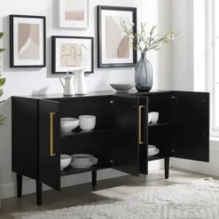 Cabinets & Sideboards-Kirkland's Home Wood And Gold 4-Door Cabinet Black