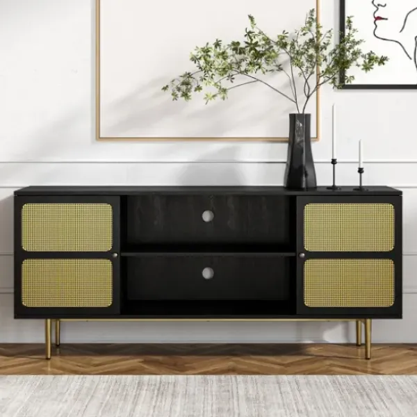 Tv Stands & Media Consoles-Kirkland's Home Wood And Gold Paneled 2-Door Tv Stand Black