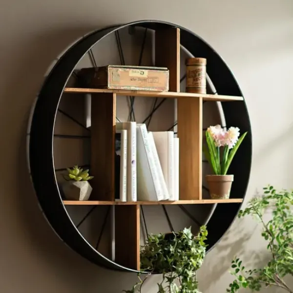 Shelves-Kirkland's Home Wood And Iron Bicycle Wheel Shelf
