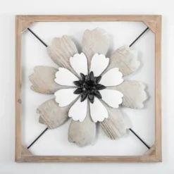 Wall Plaques-Kirkland's Home Wood And Metal Flower I Framed Wall Plaque White/Black/Tan