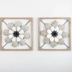 Wall Plaques-Kirkland's Home Wood And Metal Flower I Framed Wall Plaque White/Black/Tan