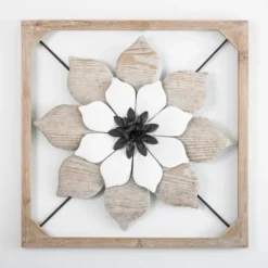 Wall Plaques-Kirkland's Home Wood And Metal Flower Ii Framed Wall Plaque White/Black/Tan