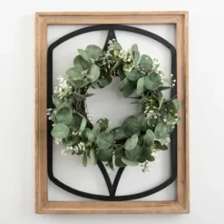 Wall Plaques-Kirkland's Home Wood And Metal Framed Wreath Wall Plaque Green/Black/Tan
