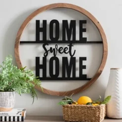 Wall Quotes & Signs-Kirkland's Home Wood And Metal Home Sweet Home Round Plaque Tan/Black