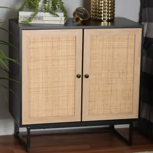 Cabinets & Sideboards-Kirkland's Home Wood And Rattan 2-Door Cabinet Black