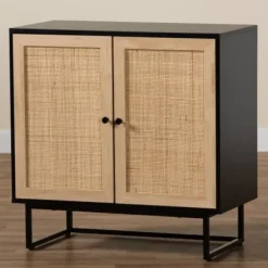 Cabinets & Sideboards-Kirkland's Home Wood And Rattan 2-Door Cabinet Black