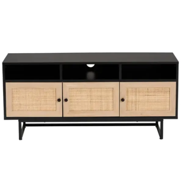 Tv Stands & Media Consoles-Kirkland's Home Wood And Rattan 3-Door Tv Stand Black