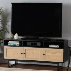 Tv Stands & Media Consoles-Kirkland's Home Wood And Rattan 3-Door Tv Stand Black